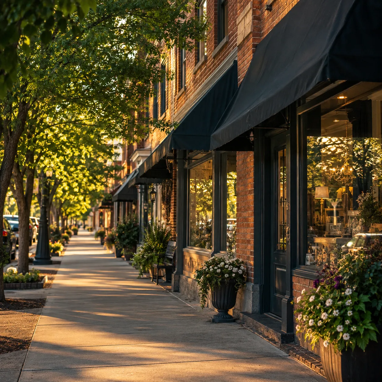Illustrative tree-lined Main Street with welcoming brick storefronts in warm afternoon light.