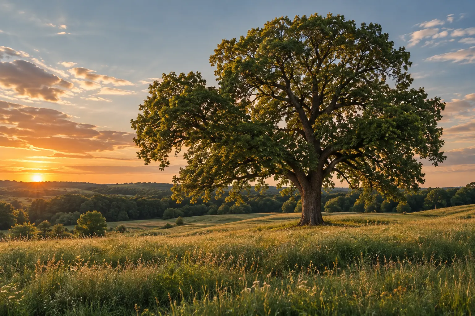 A mature oak spreading its canopy over a sunlit meadow.